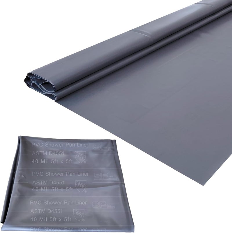 Torcia SINGFORM 40 mil Thickness 5' x 5' Shower Pan Liner | PVC Waterproofing Membrane Shower Pan & Base Sheet for Bathroom and Kitchen, Utra Durable, Grey - Image 1
